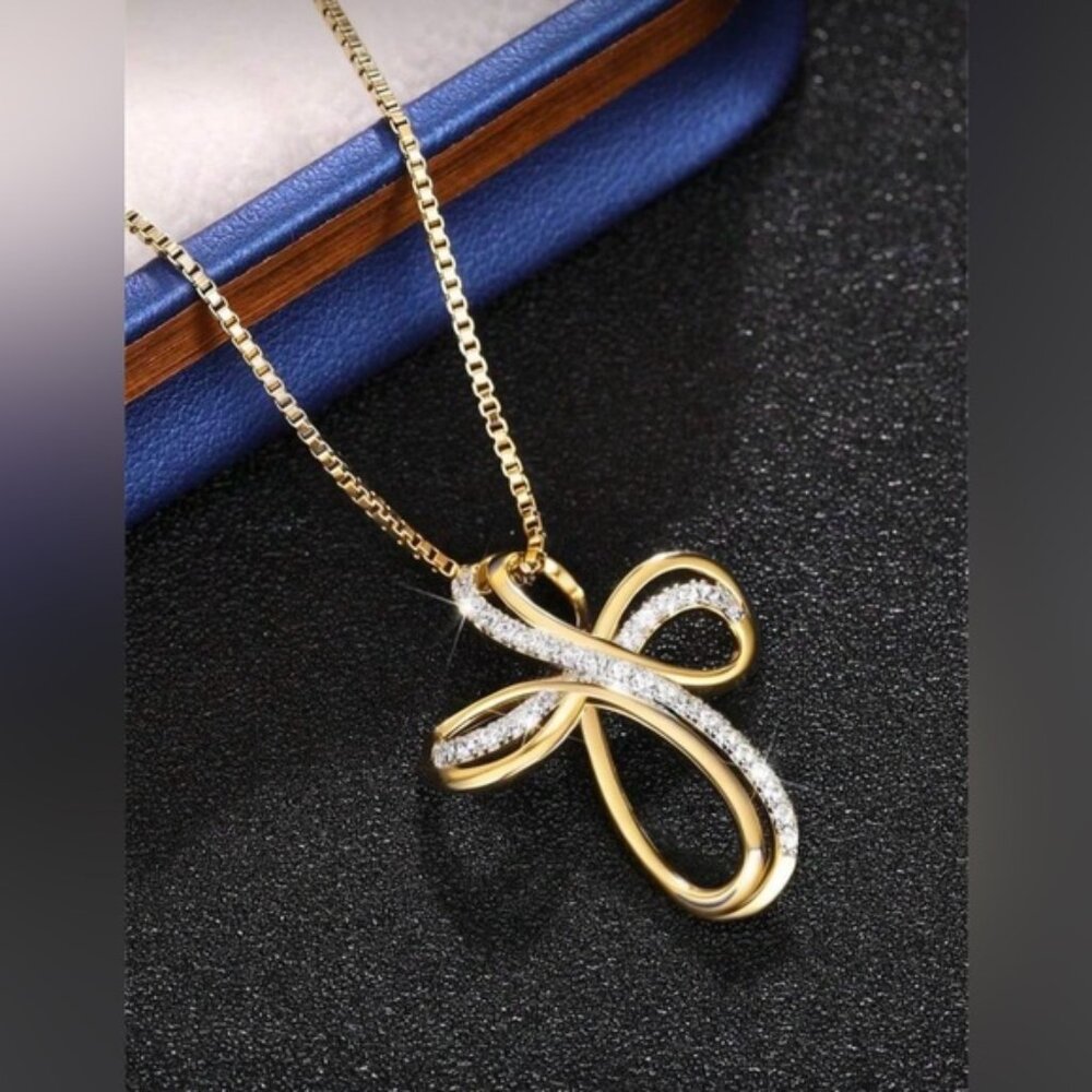 Gold Tone Cubic Zirconia Cross Necklace